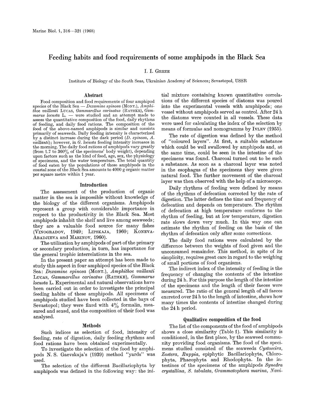 Feeding habits and food requirements of some amphipods in the Black Sea by Unknown