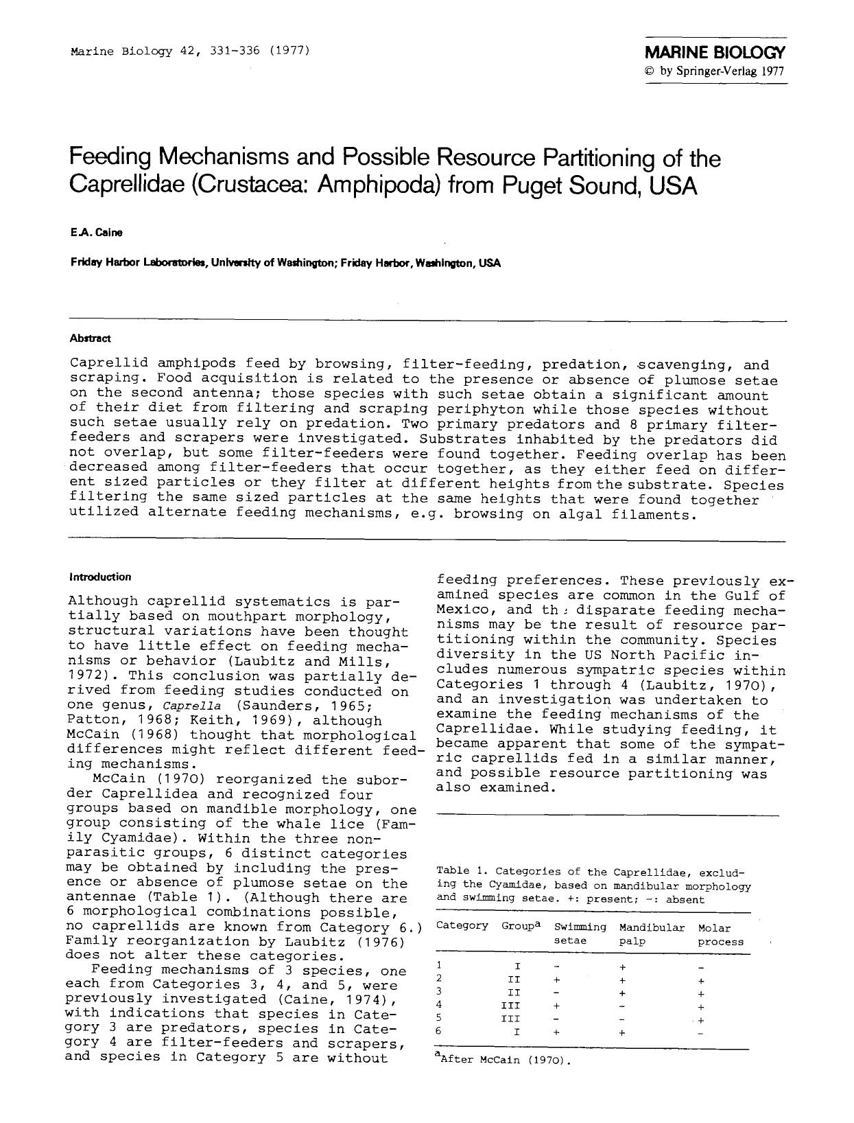 Feeding mechanisms and possible resource partitioning of the caprellidae (Crustacea: Amphipoda) from Puget Sound, USA by Unknown