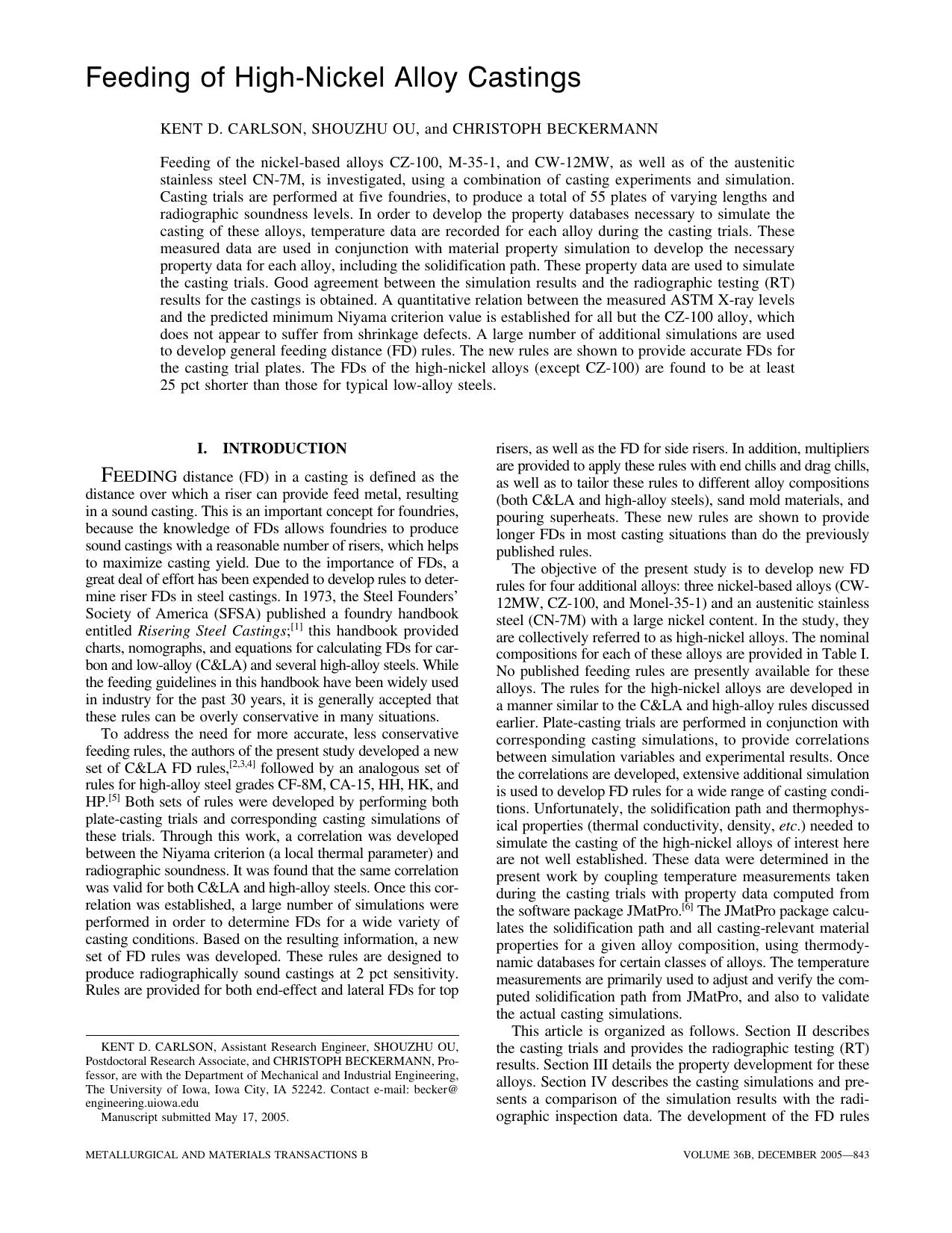 Feeding of High-Nickel Alloy Castings by KENT D. CARLSON SHOUZHU OU and CHRISTOPH BECKERMANN