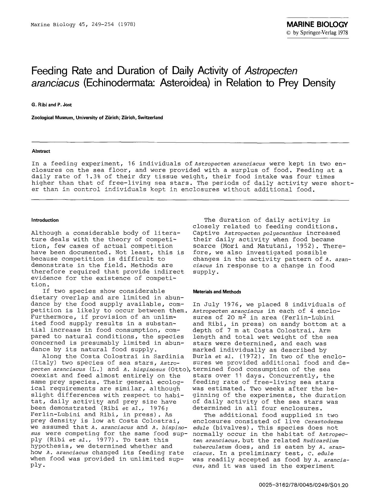 Feeding rate and duration of daily activity of <Emphasis Type="Italic">Astropecten aranciacus<Emphasis> (Echinodermata: Asteroidea) in relation to prey density by Unknown
