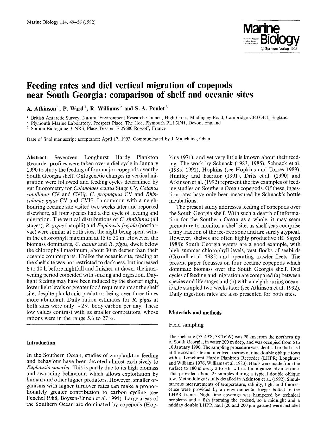 Feeding rates and diel vertical migration of copepods near South Georgia: comparison of shelf and oceanic sites by Unknown