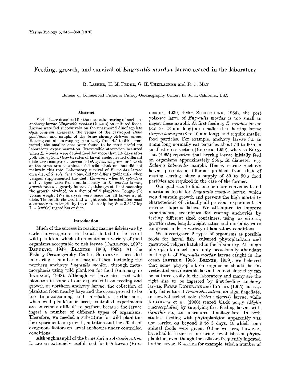 Feeding, growth, and survival of <Emphasis Type="Italic">Engraulis mordax<Emphasis> larvae reared in the laboratory by Unknown