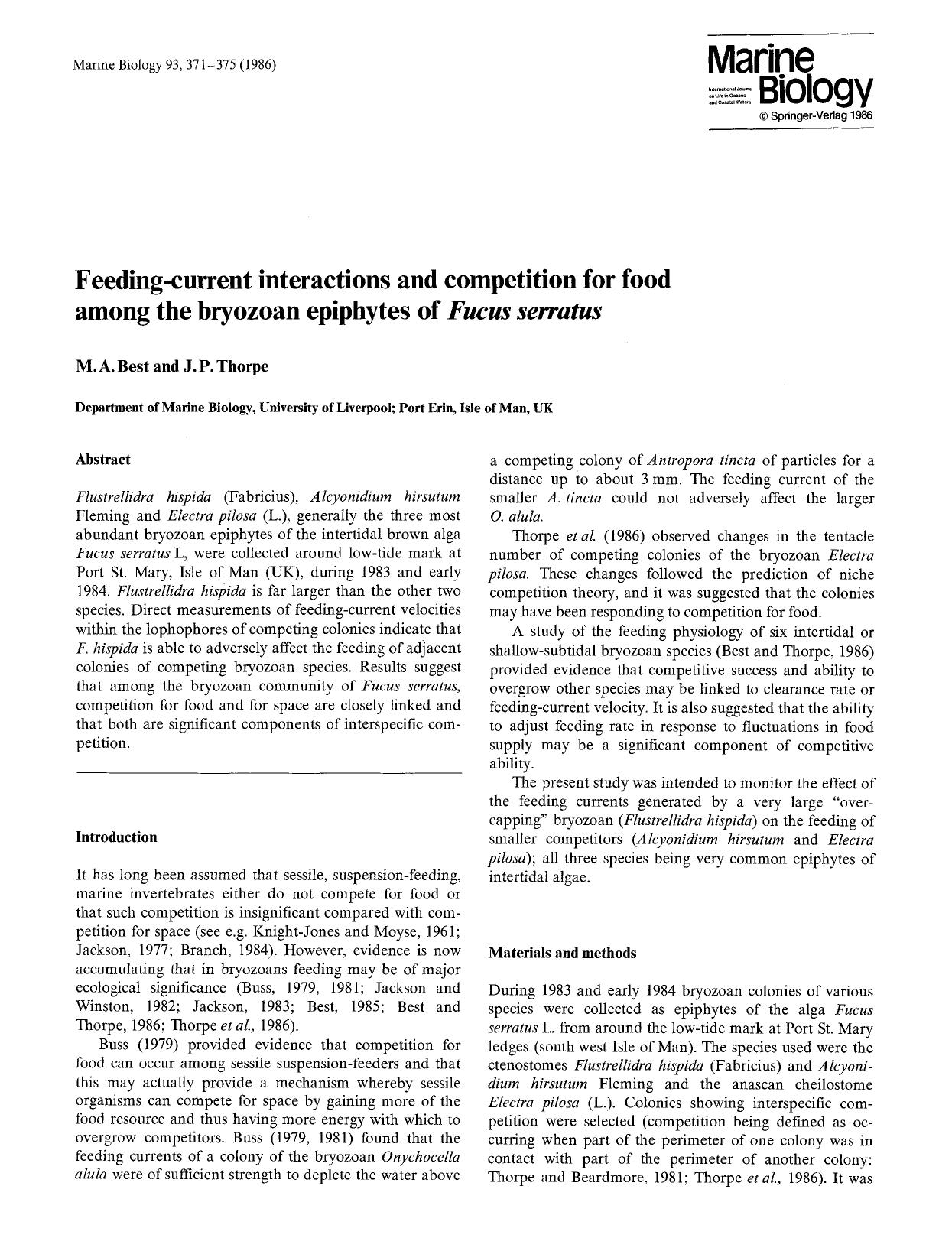Feeding-current interactions and competition for food among the bryozoan epiphytes of <Emphasis Type="Italic">Fucus serratus<Emphasis> by Unknown
