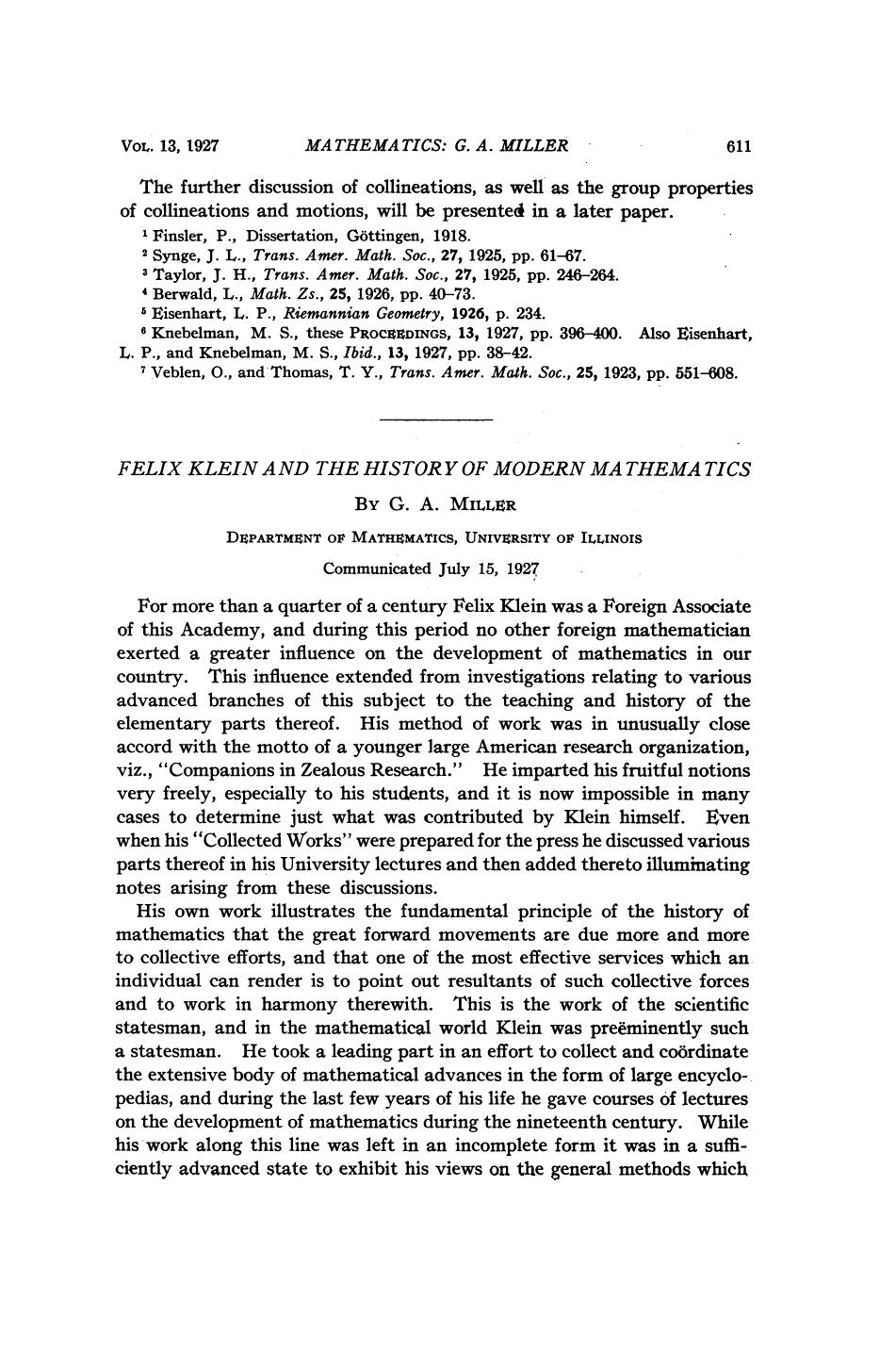 Felix Klein and the History of Modern Mathematics by Miller G. A