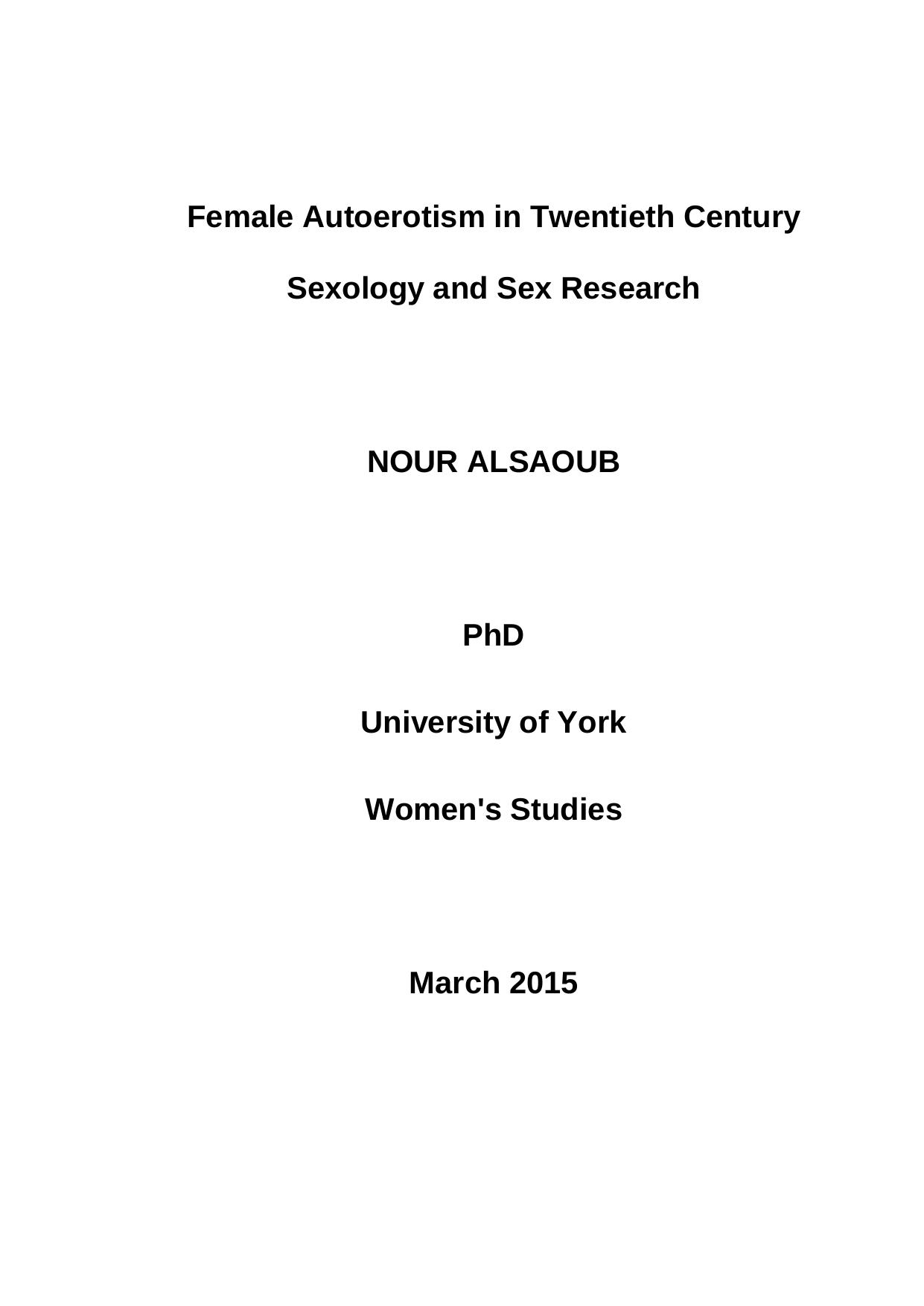 Female Autoerotism in Twentieth Century Sexology and Sex Research by Nour Alsaoub