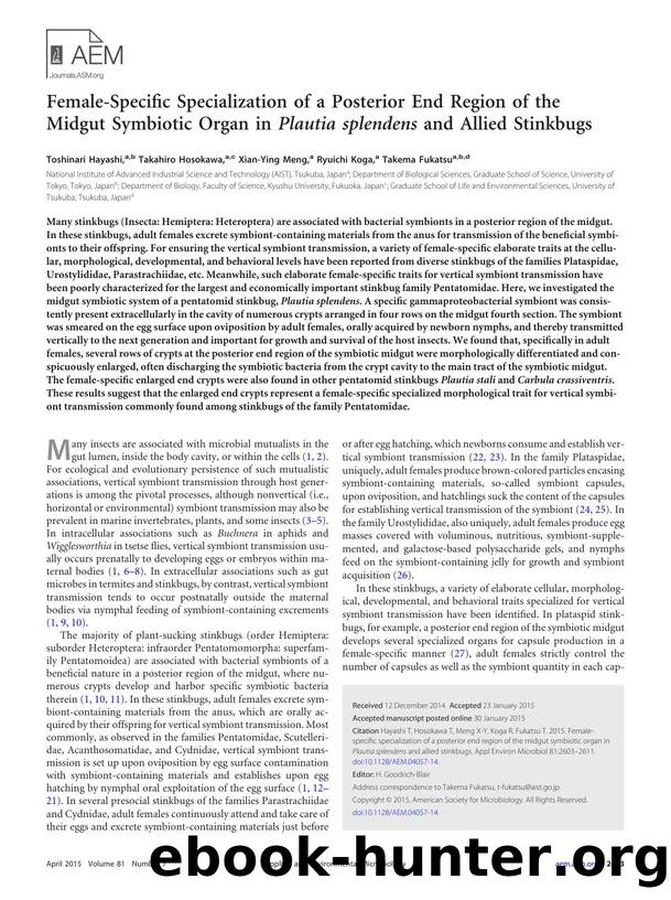 Female-Specific Specialization of a Posterior End Region of the Midgut Symbiotic Organ in Plautia splendens and Allied Stinkbugs by Toshinari Hayashi Takahiro Hosokawa Xian-Ying Meng Ryuichi Koga Takema Fukatsu