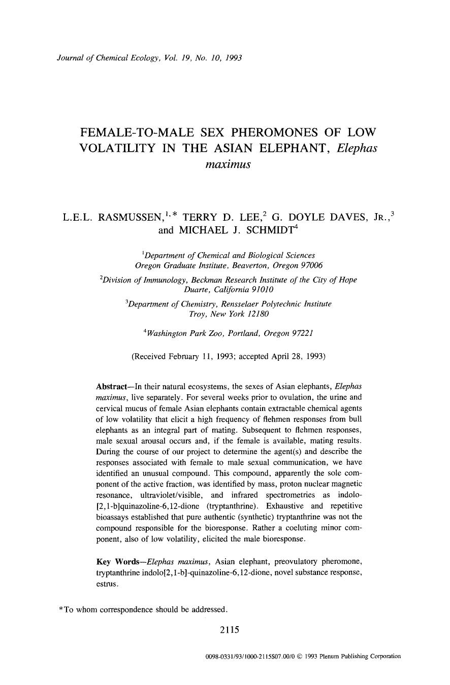 Female-to-male sex pheromones of low volatility in the Asian elephant, <Emphasis Type="Italic">Elephas maximus <Emphasis> by Unknown