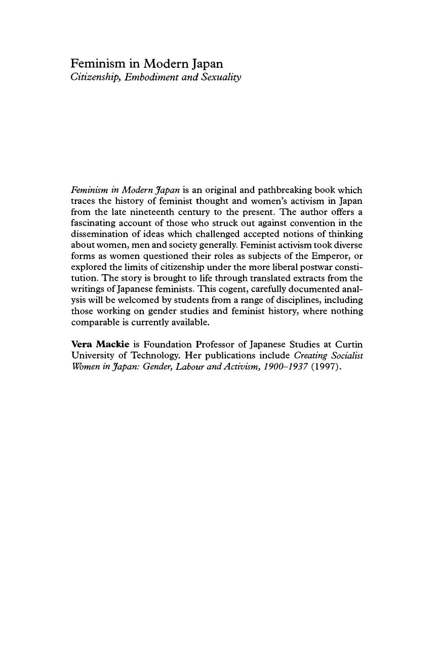 Feminism in Modern Japan: Citizenship, Embodiment and Sexuality (Contemporary Japanese Society) by Vera Mackie
