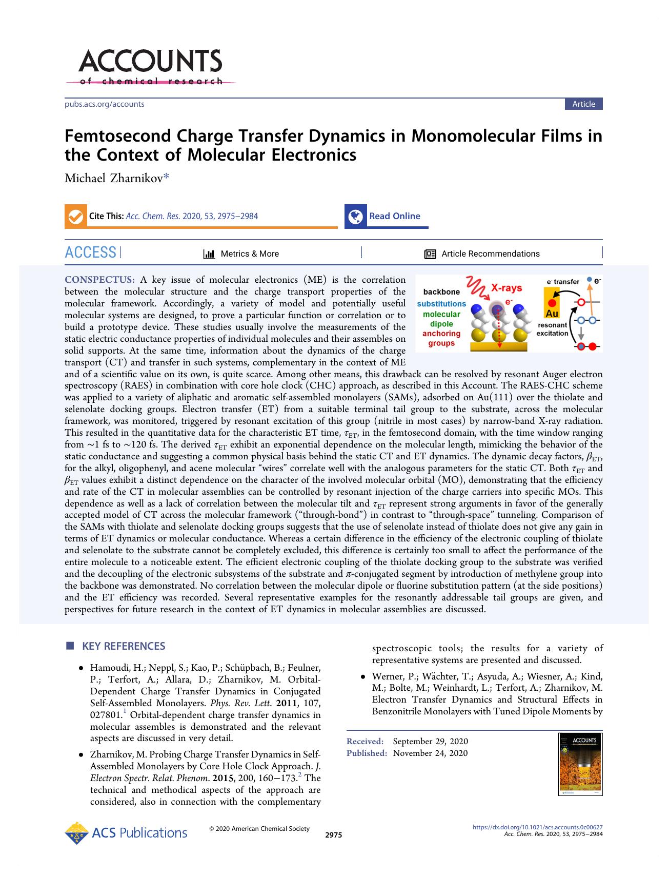 Femtosecond Charge Transfer Dynamics in Monomolecular Films in the Context of Molecular Electronics by Michael Zharnikov
