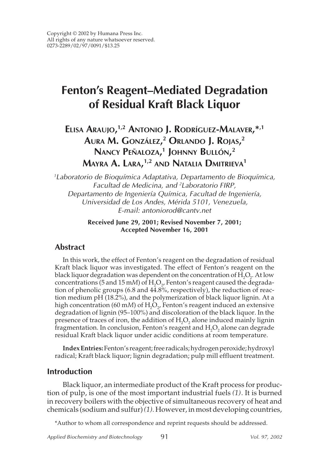 Fenton’s reagent-mediated degradation of residual Kraft black liquor by Unknown