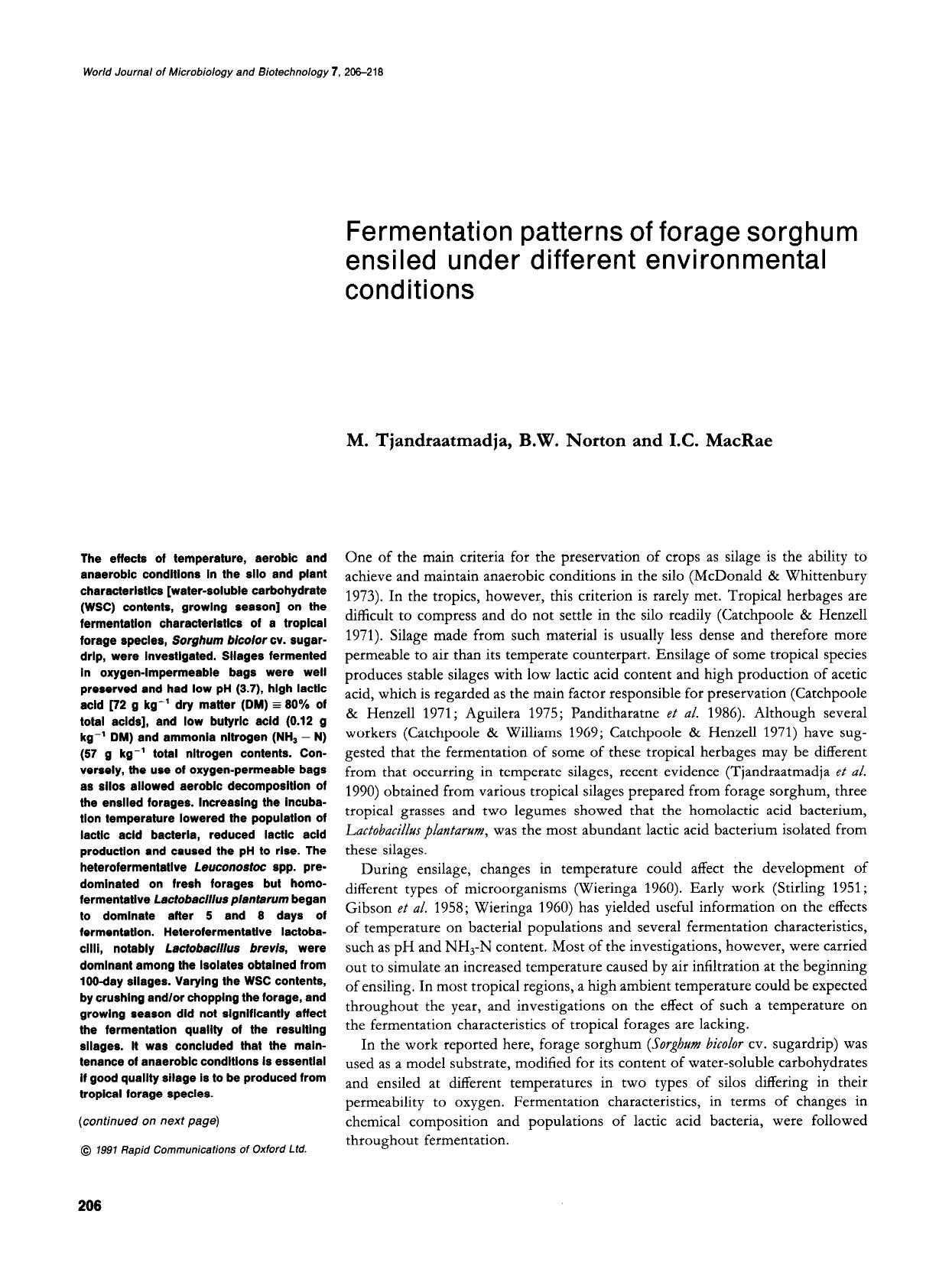 Fermentation patterns of forage sorghum ensiled under different environmental conditions by Unknown