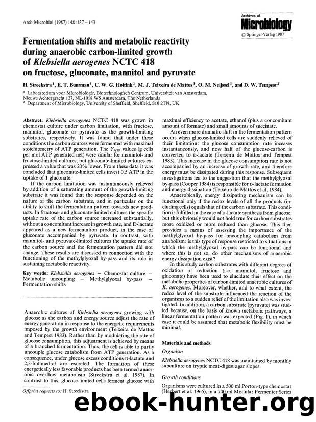 Fermentation shifts and metabolic reactivity during anaerobic carbon-limited growth of <Emphasis Type="Italic">Klebsiella aerogenes<Emphasis> NCTC 418 on fructose, gluconate, mannitol and pyruvate by Unknown