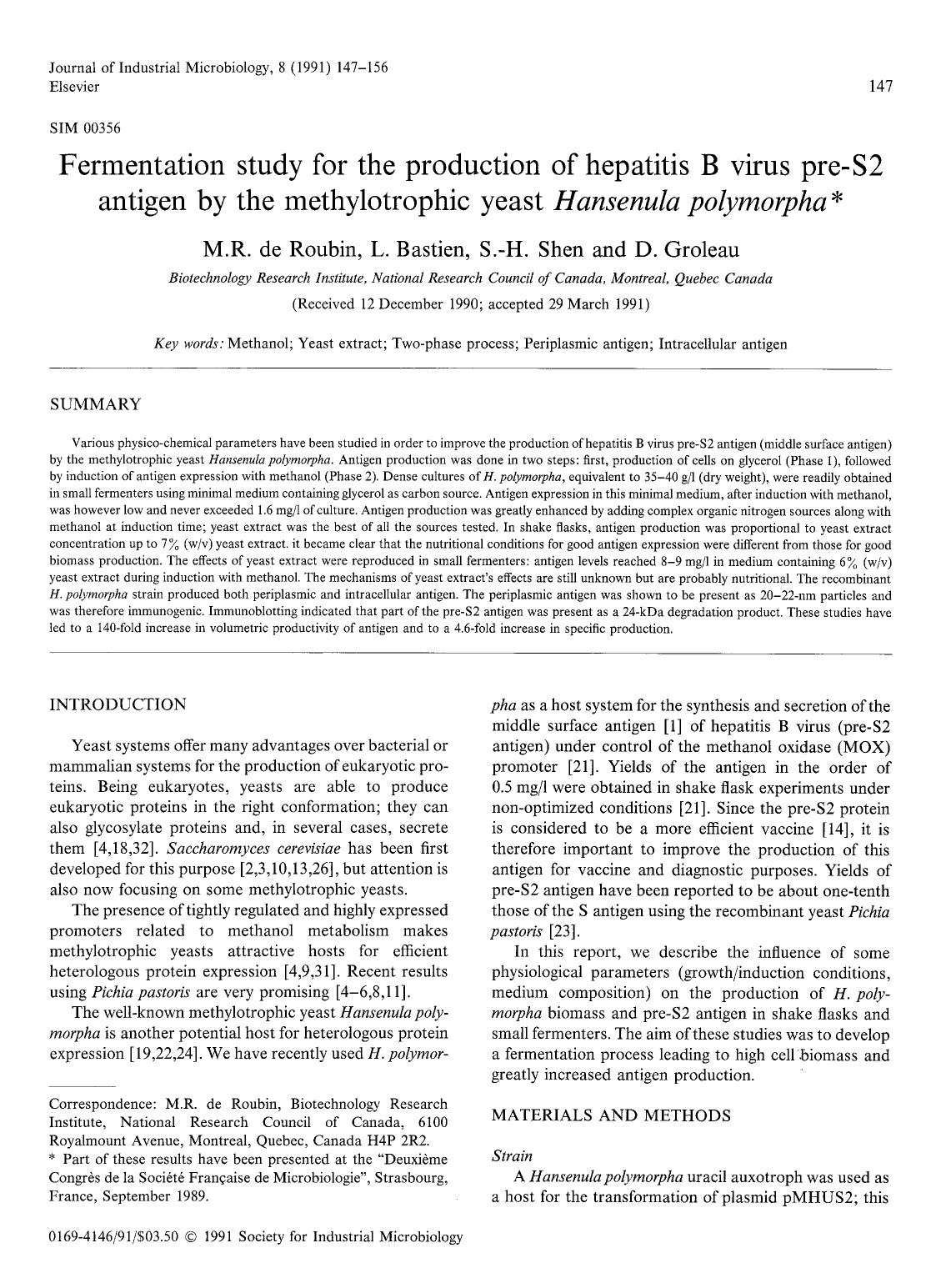Fermentation study for the production of hepatitis B virus pre-S2 antigen by the methylotrophic yeast <Emphasis Type="Italic">Hansenula polymorpha <Emphasis> by Unknown
