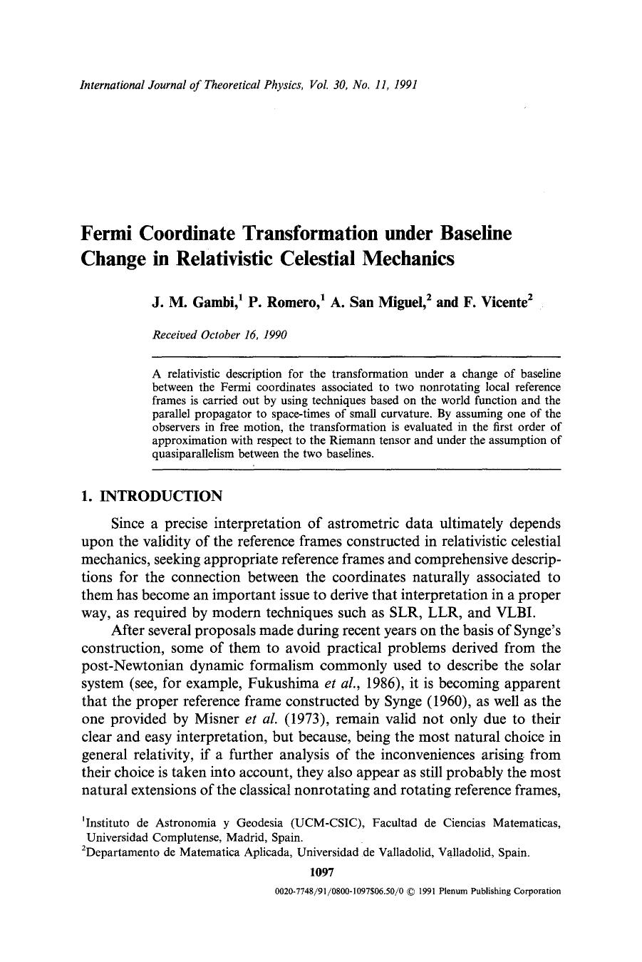 Fermi coordinate transformation under baseline change in relativistic celestial mechanics by Unknown