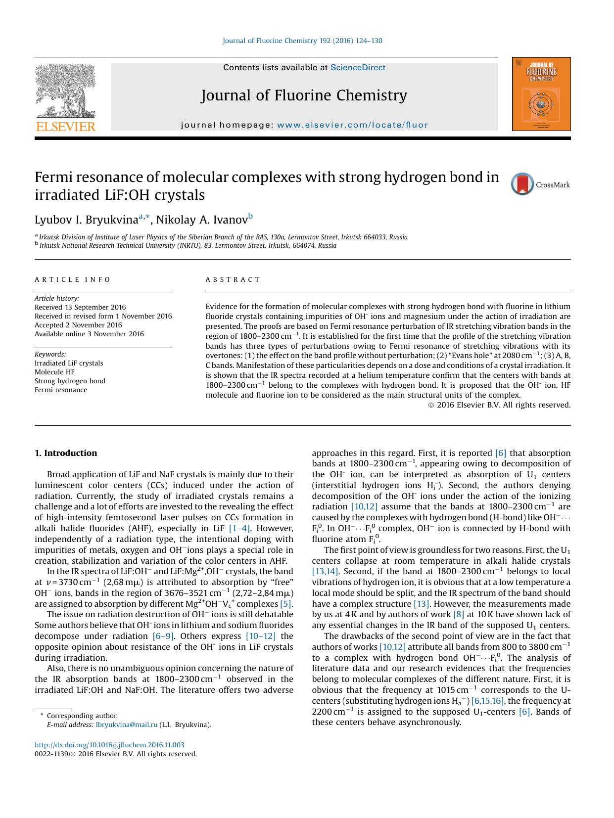 Fermi resonance of molecular complexes with strong hydrogen bond in irradiated LiF:OH crystals by Lyubov I. Bryukvina & Nikolay A. Ivanov