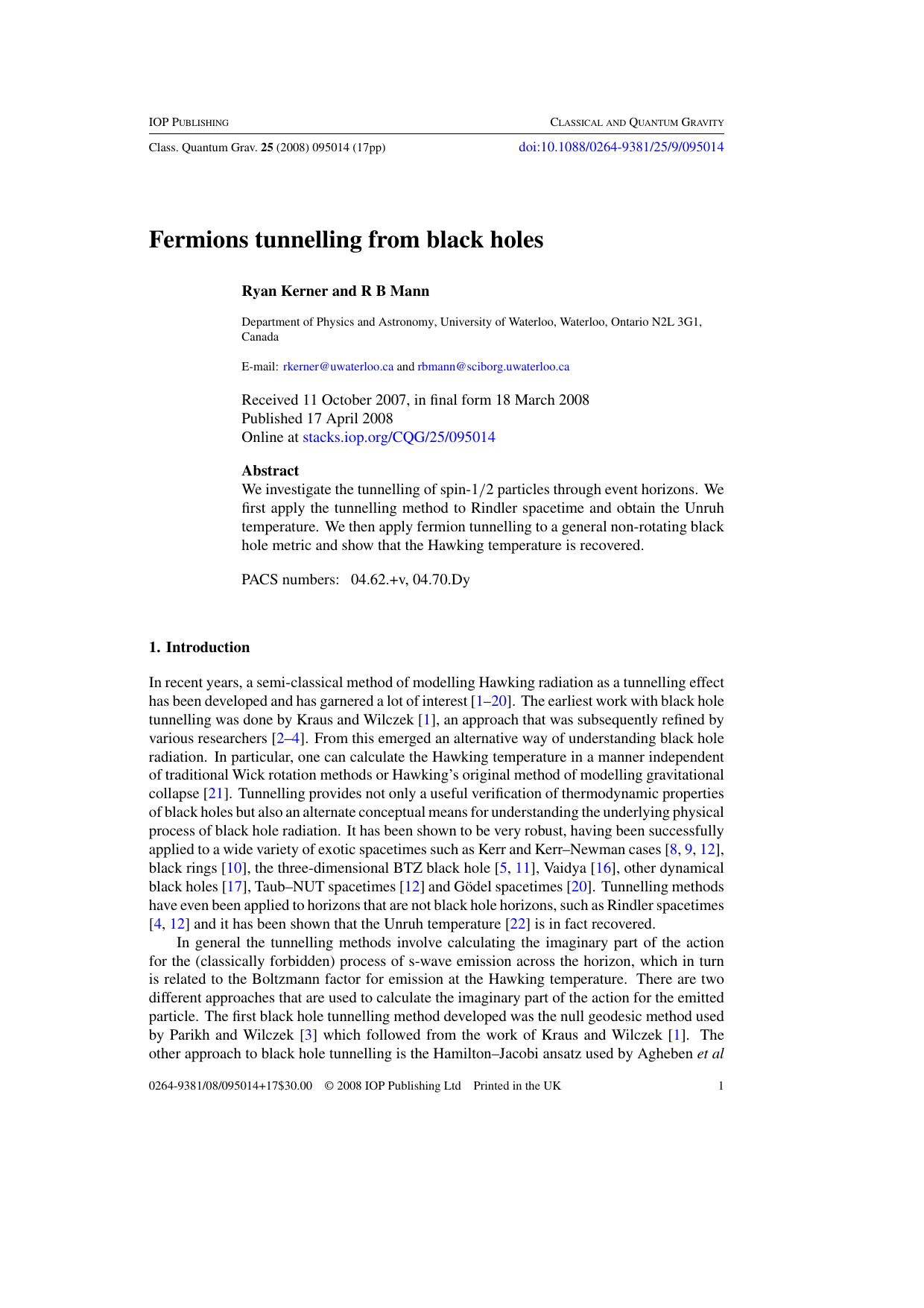 Fermions tunnelling from black holes by R Kerner and R B Mann