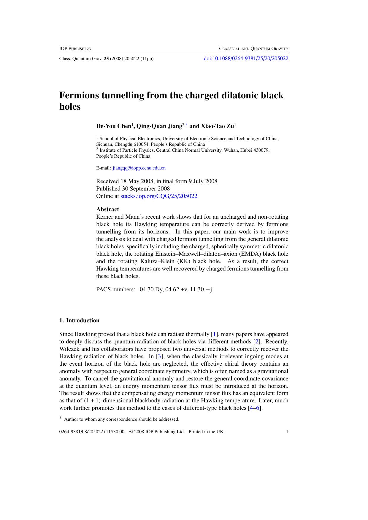 Fermions tunnelling from the charged dilatonic black holes by D-Y Chen and Q-Q Jiang