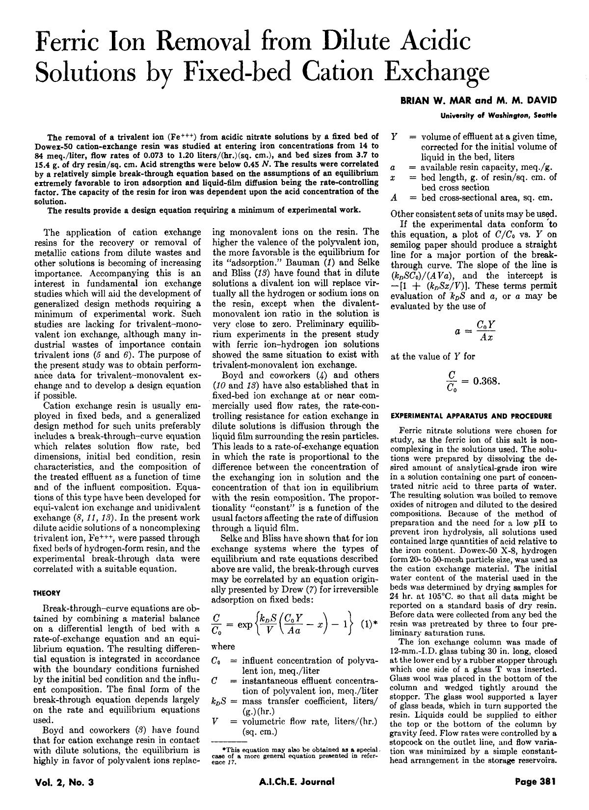 Ferric ion removal from dilute acidic solutions by fixed-bed cation exchange by Unknown