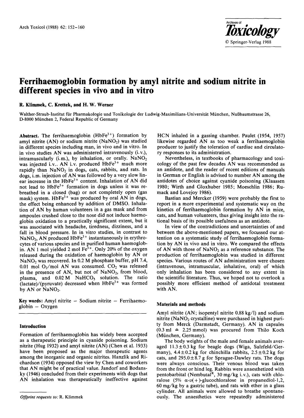 Ferrihaemoglobin formation by amyl nitrite and sodium nitrite in different species in vivo and in vitro by Unknown