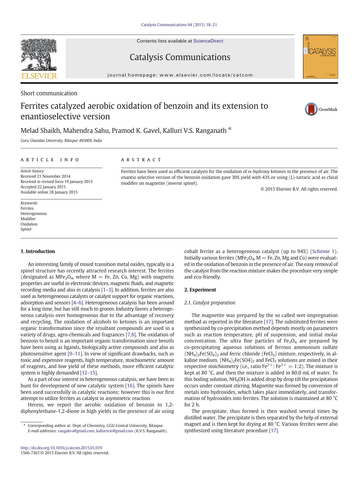 Ferrites catalyzed aerobic oxidation of benzoin and its extension to enantioselective version by Melad Shaikh & Mahendra Sahu & Pramod K. Gavel & Kalluri V.S. Ranganath