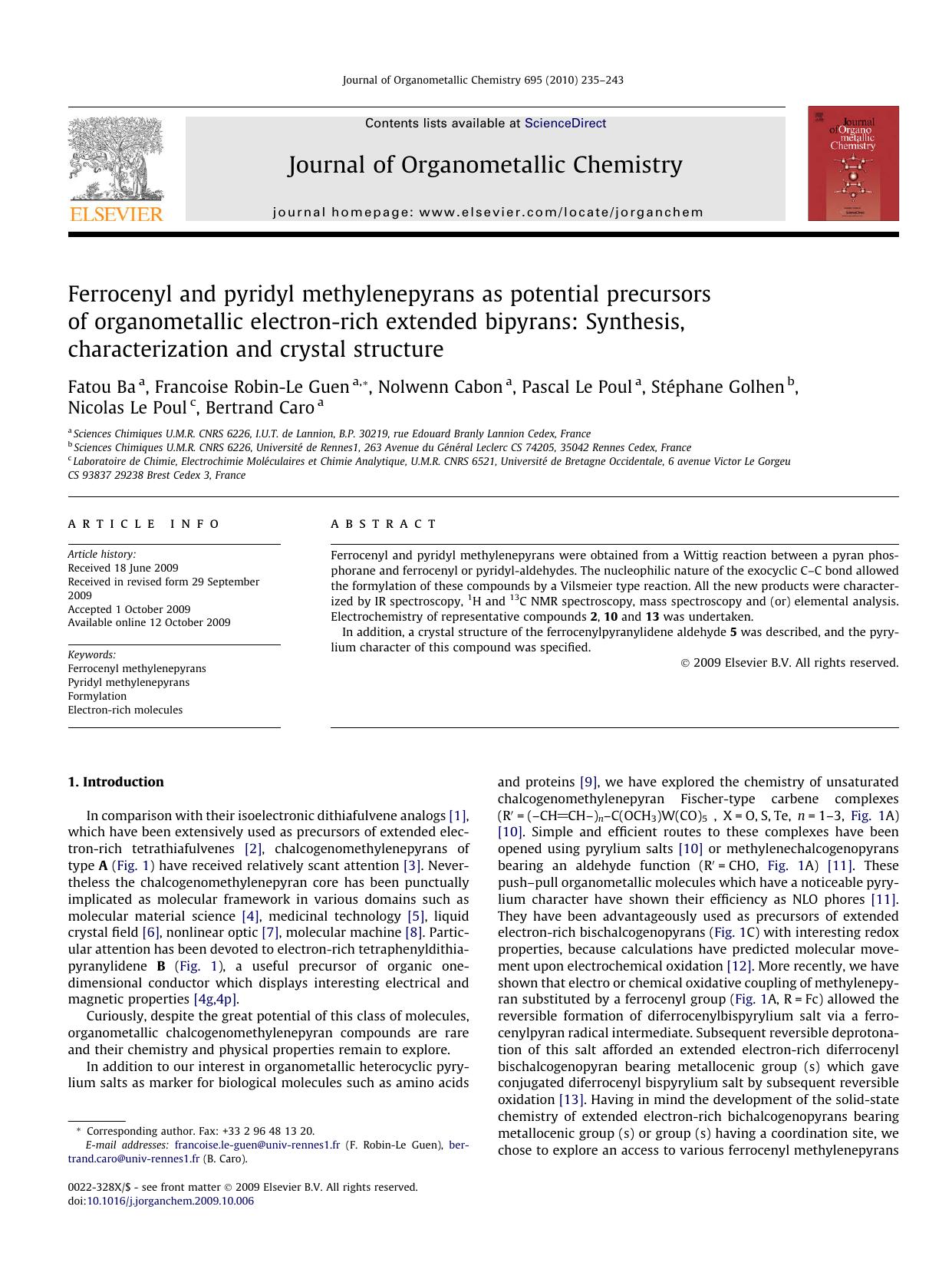 Ferrocenyl and pyridyl methylenepyrans as potential precursors of organometallic electron-rich extended bipyrans: Synthesis, characterization and crystal structure by unknow