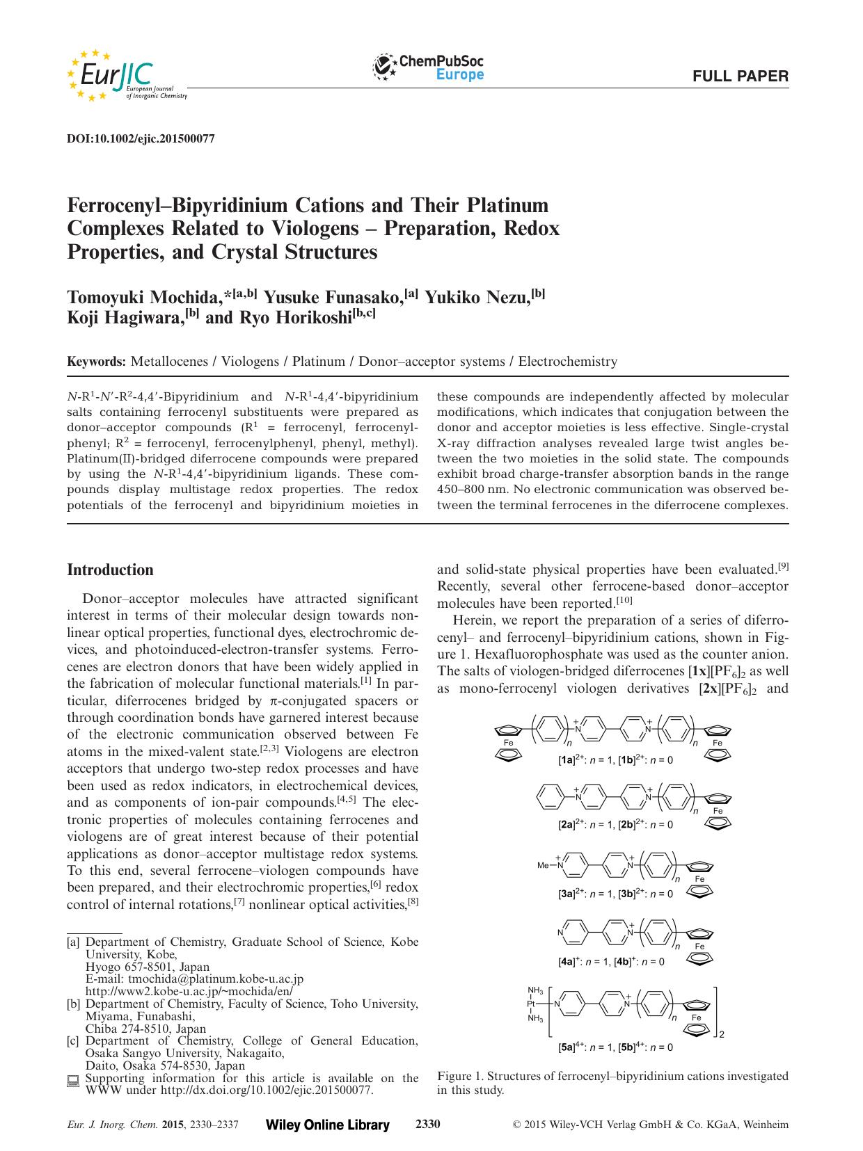 FerrocenylBipyridinium Cations and Their Platinum Complexes Related to Viologens Preparation, Redox Properties, and Crystal Structures by Unknown