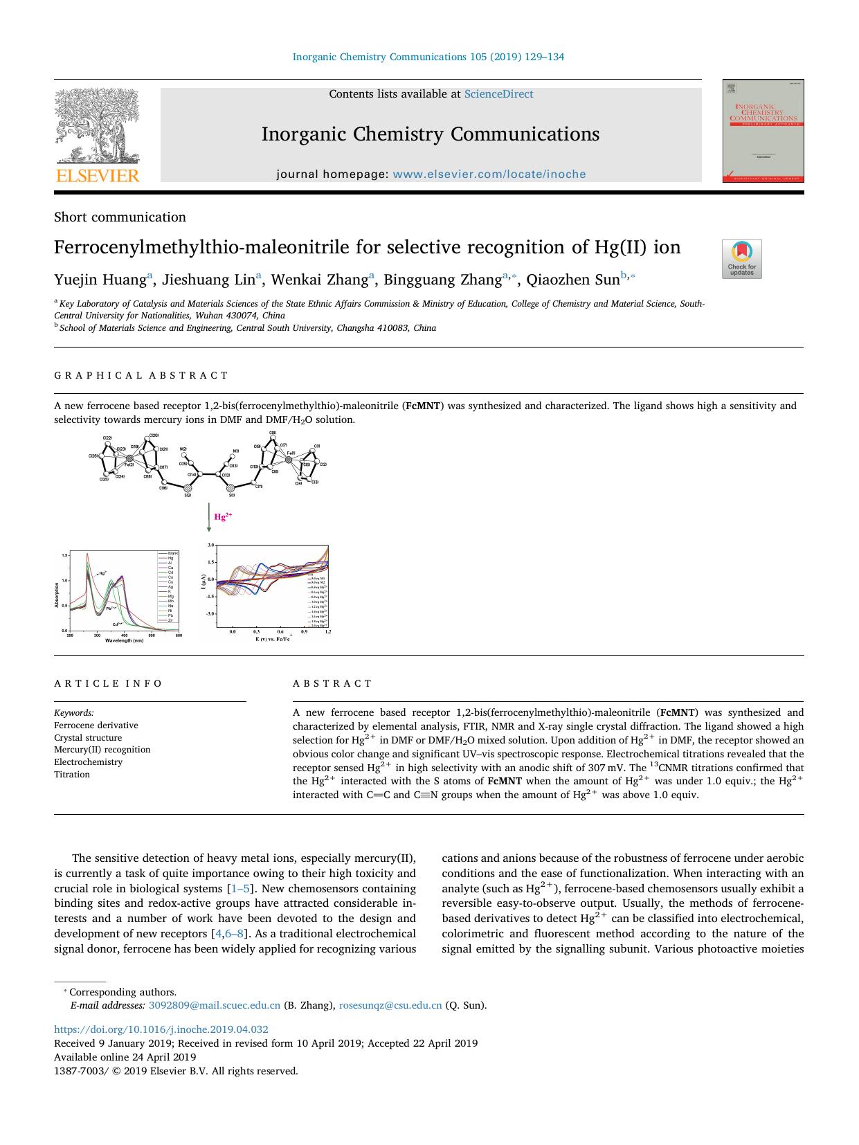 Ferrocenylmethylthio-maleonitrile for selective recognition of Hg(II) ion by Yuejin Huang & Jieshuang Lin & Wenkai Zhang & Bingguang Zhang & Qiaozhen Sun