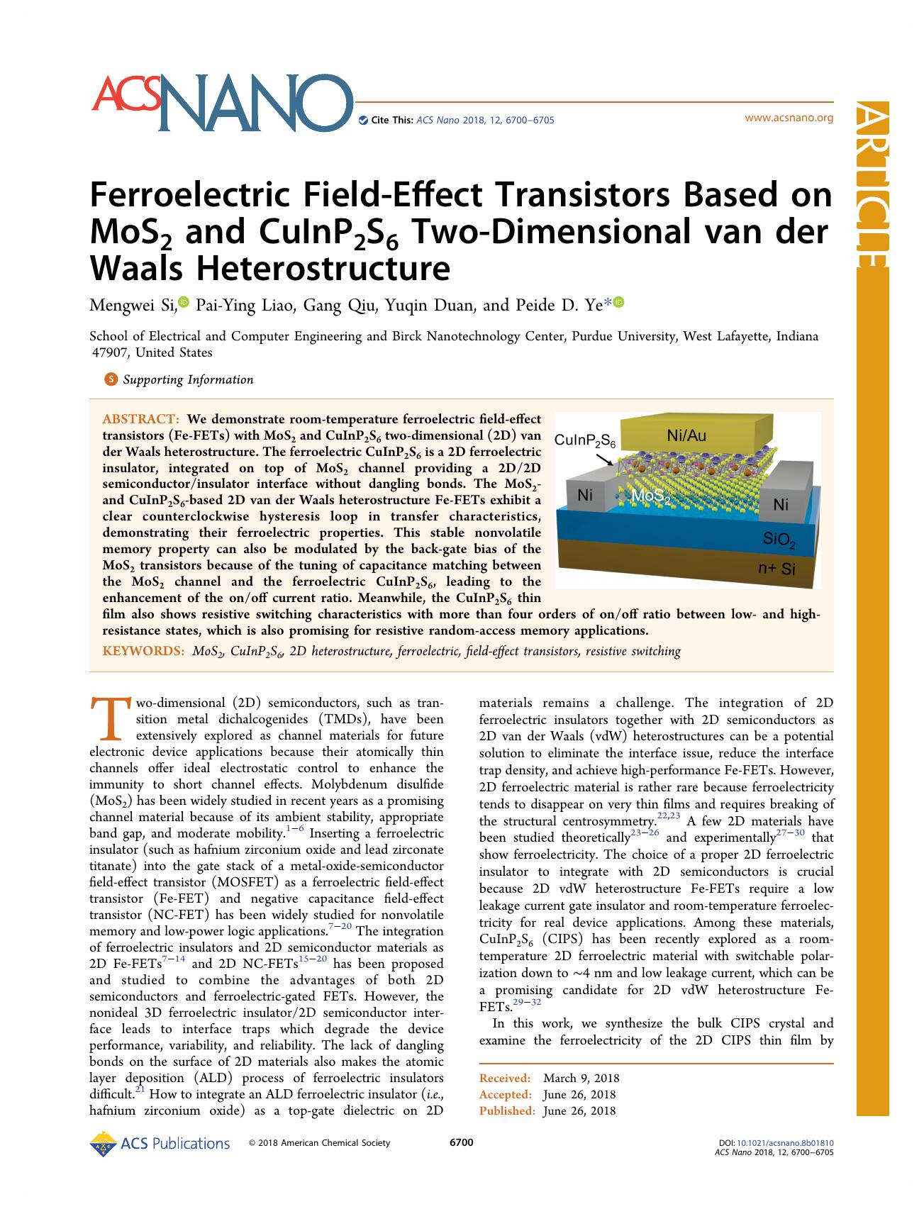 Ferroelectric Field-Effect Transistors Based on MoS2 and CuInP2S6 Two-Dimensional van der Waals Heterostructure by Mengwei Si Pai-Ying Liao Gang Qiu Yuqin Duan and Peide D. Ye