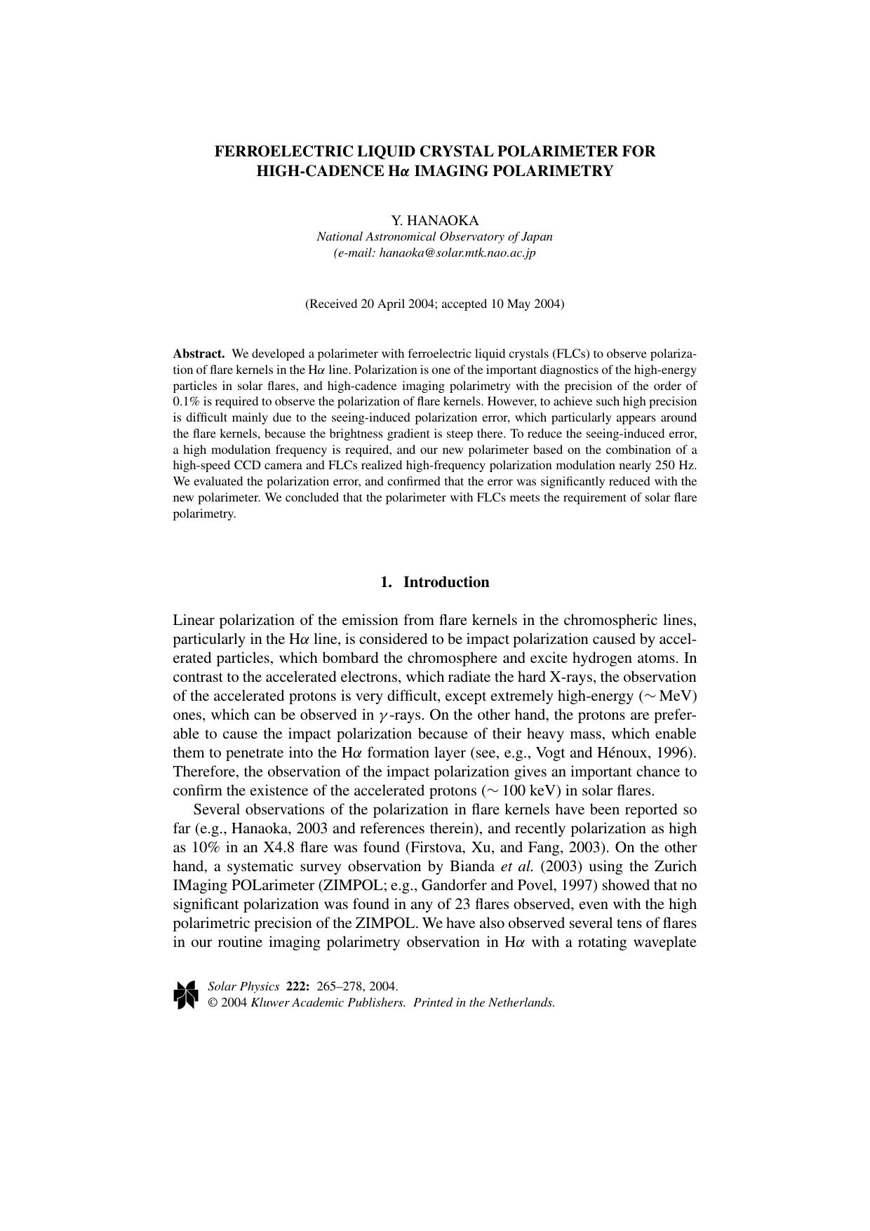 Ferroelectric Liquid Crystal Polarimeter for High-cadence Hα Imaging Polarimetry by Unknown