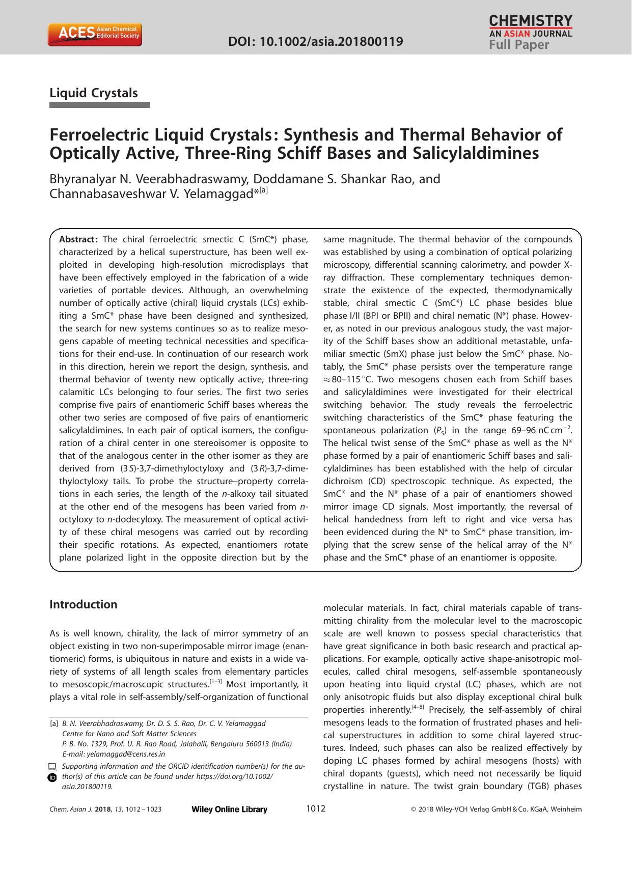 Ferroelectric Liquid Crystals: Synthesis and Thermal Behavior of Optically Active, ThreeâRing Schiff Bases and Salicylaldimines by Unknown