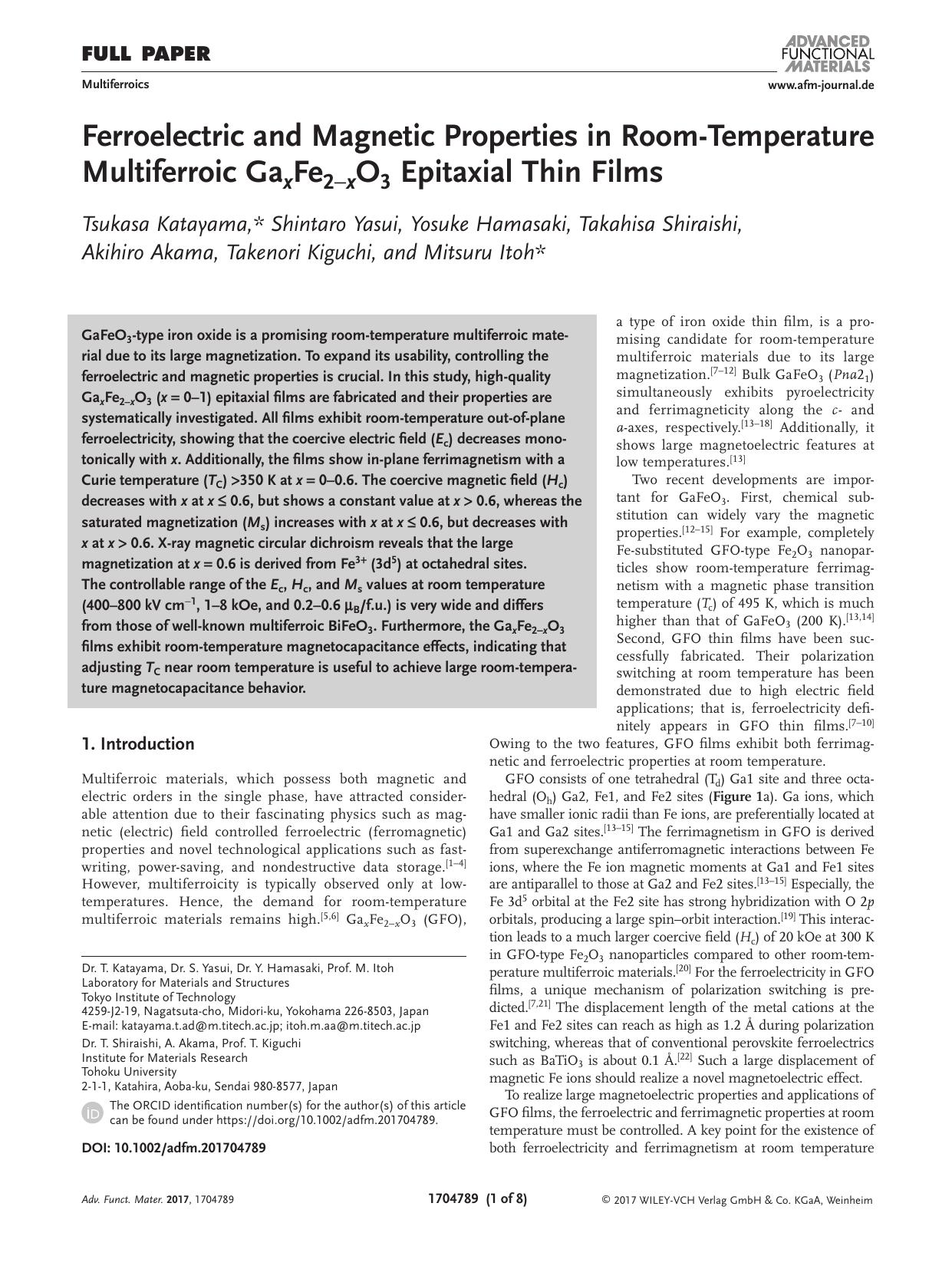 Ferroelectric and Magnetic Properties in Room‐Temperature Multiferroic GaxFe2−xO3 Epitaxial Thin Films by Unknown