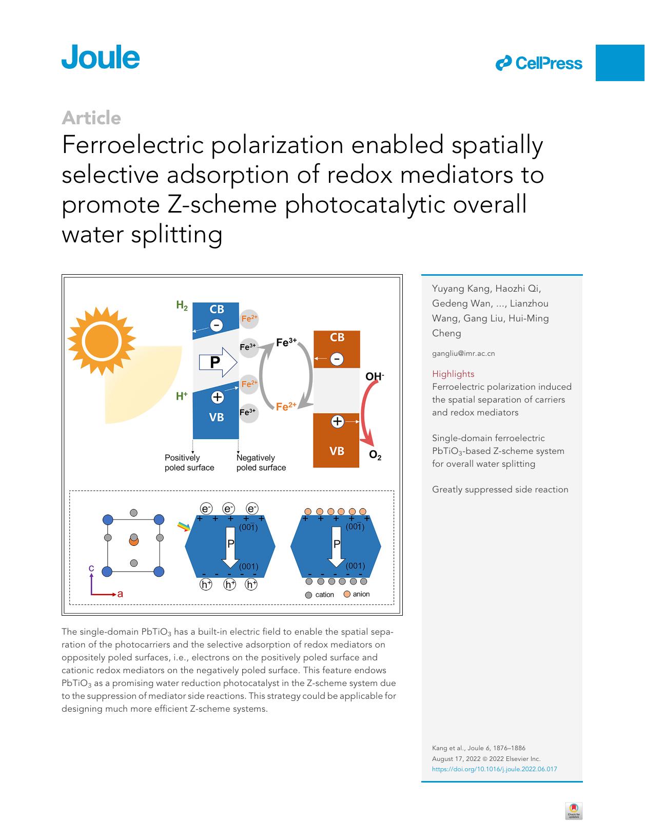 Ferroelectric polarization enabled spatially selective adsorption of redox mediators to promote Z-scheme photocatalytic overall water splitting by unknow