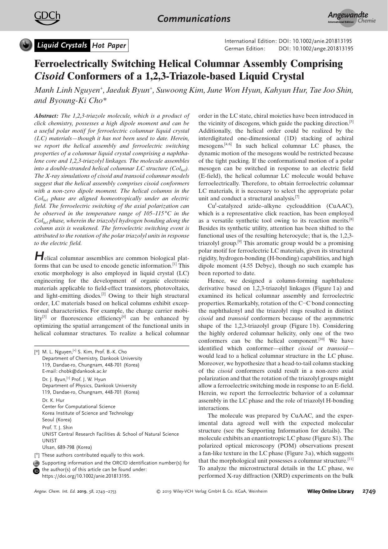 Ferroelectrically Switching Helical Columnar Assembly Comprising Cisoid Conformers of a 1,2,3âTriazoleâbased Liquid Crystal by Unknown