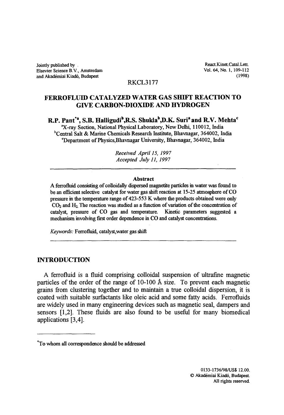 Ferrofluid catalyzed water gas shift reaction to give carbon-dioxide and hydrogen by Unknown
