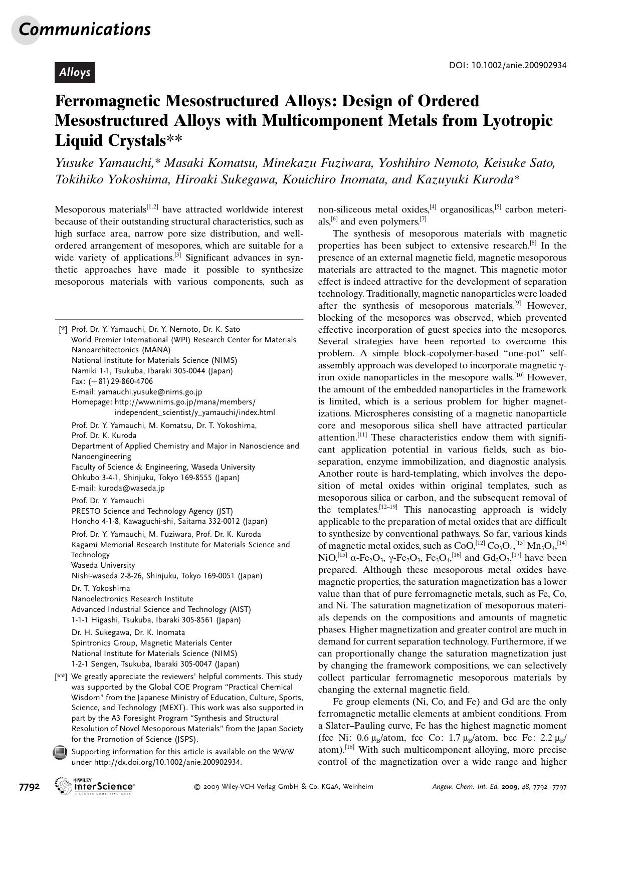 Ferromagnetic Mesostructured Alloys: Design of Ordered Mesostructured Alloys with Multicomponent Metals from Lyotropic Liquid Crystals by Unknown