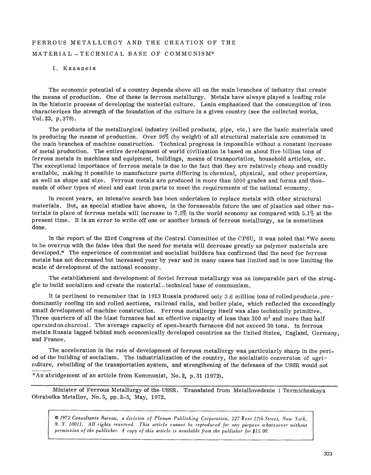 Ferrous metallurgy and the creation of the material-technical base of communism by Unknown