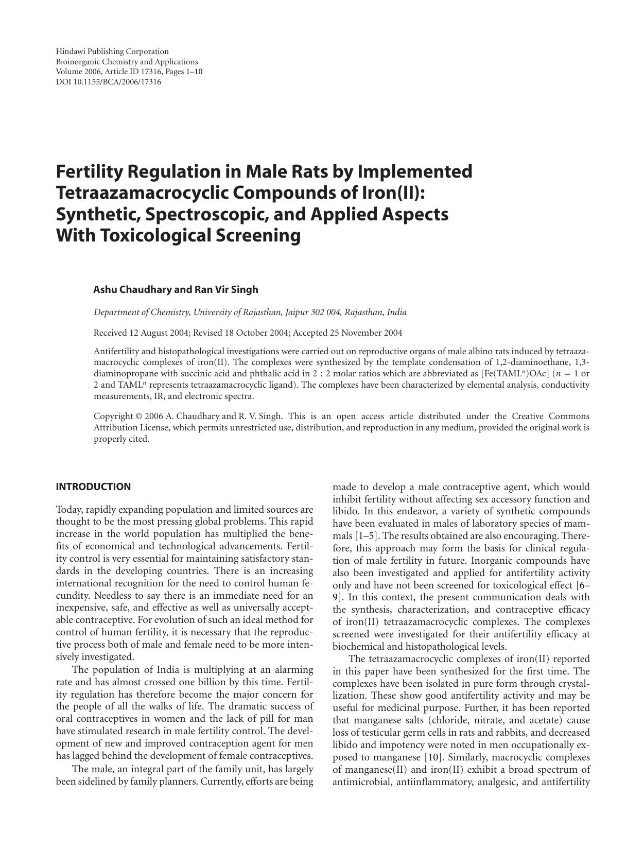 Fertility Regulation in Male Rats by Implemented Tetraazamacrocyclic Compounds of Iron(II): Synthetic, Spectroscopic, and Applied Aspects With Toxicological Screening by A. Chaudhary and R. V. Singh