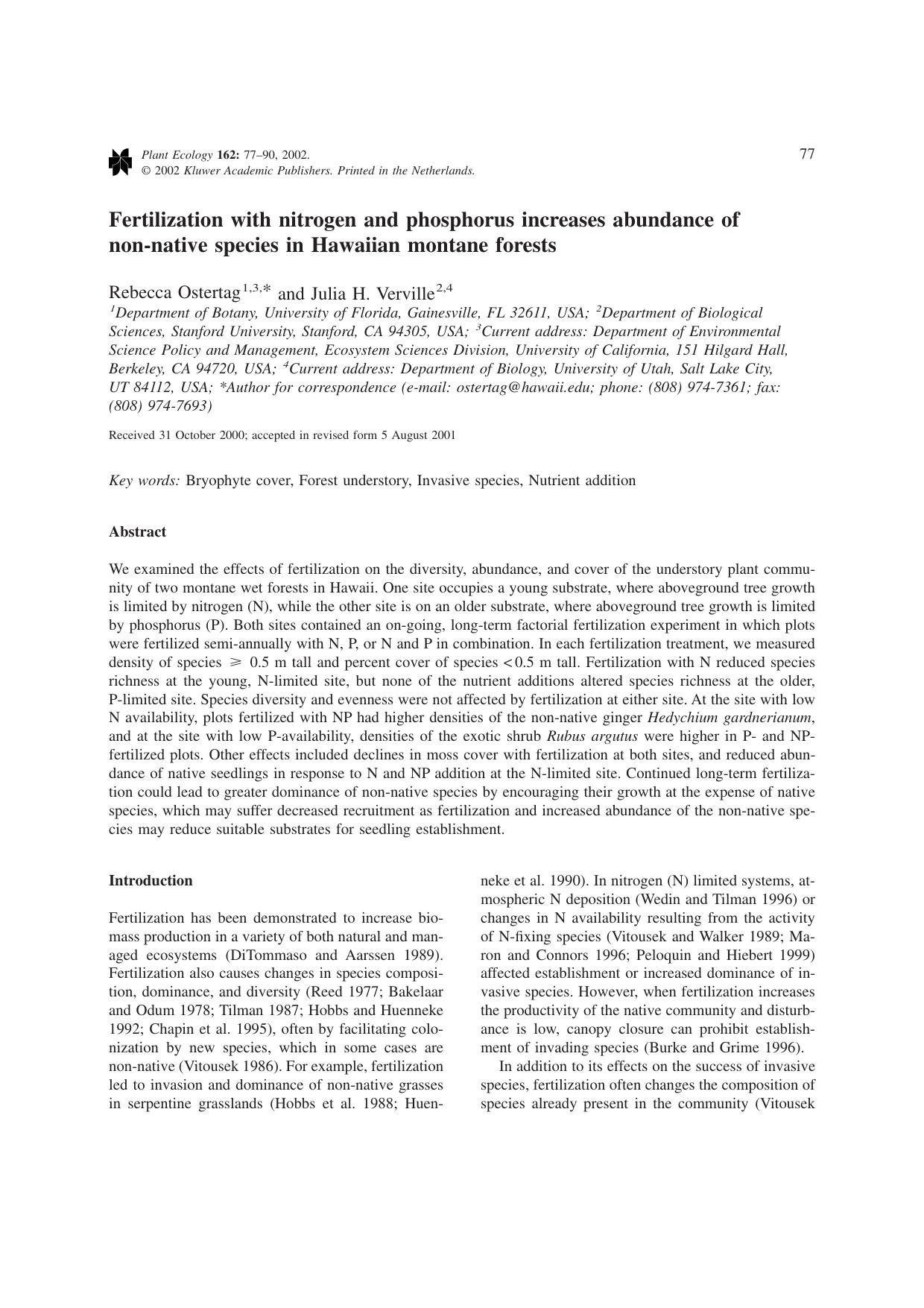 Fertilization with nitrogen and phosphorus increases abundance of non-native species in Hawaiian montane forests by Unknown