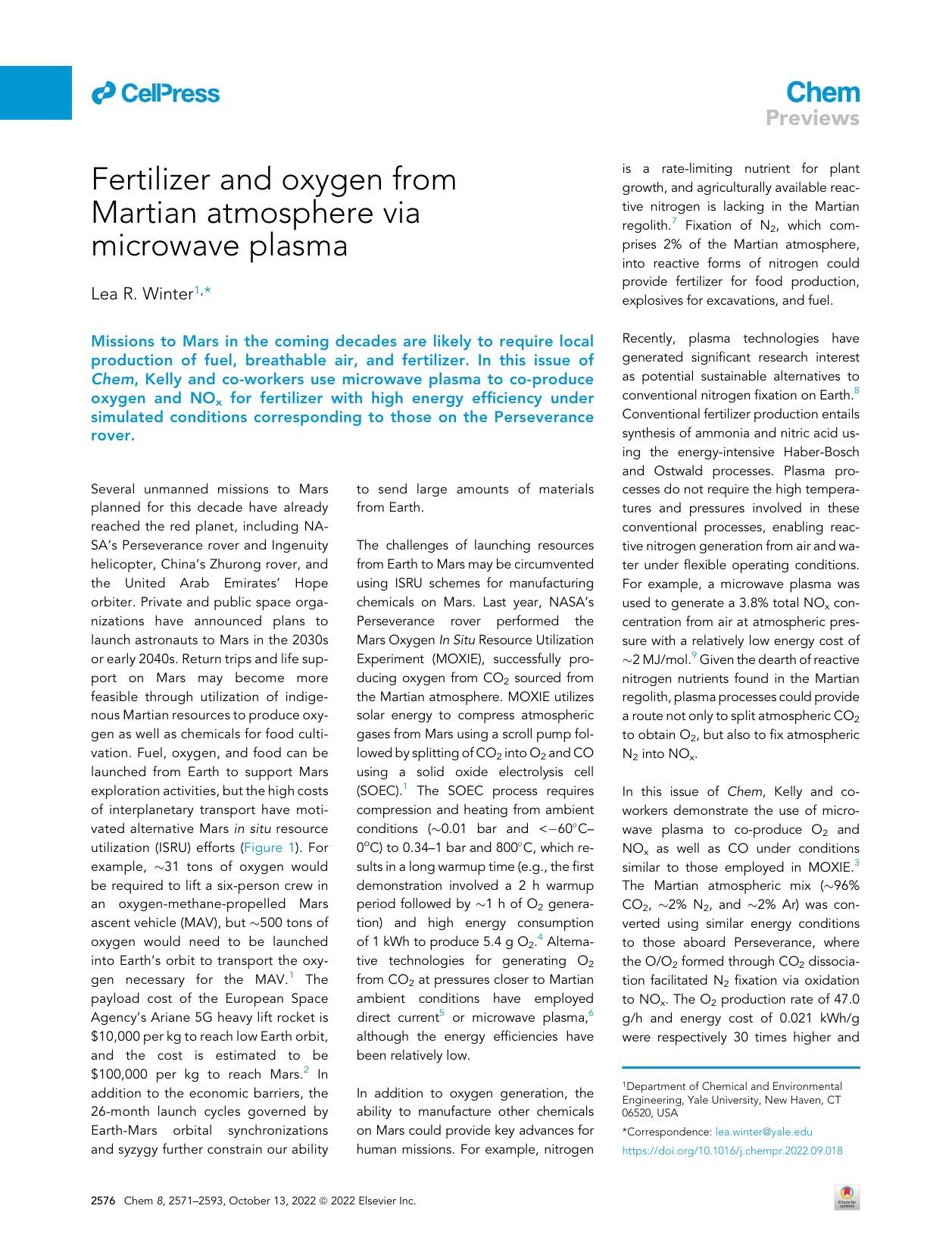Fertilizer and oxygen from Martian atmosphere via microwave plasma by Lea R. Winter