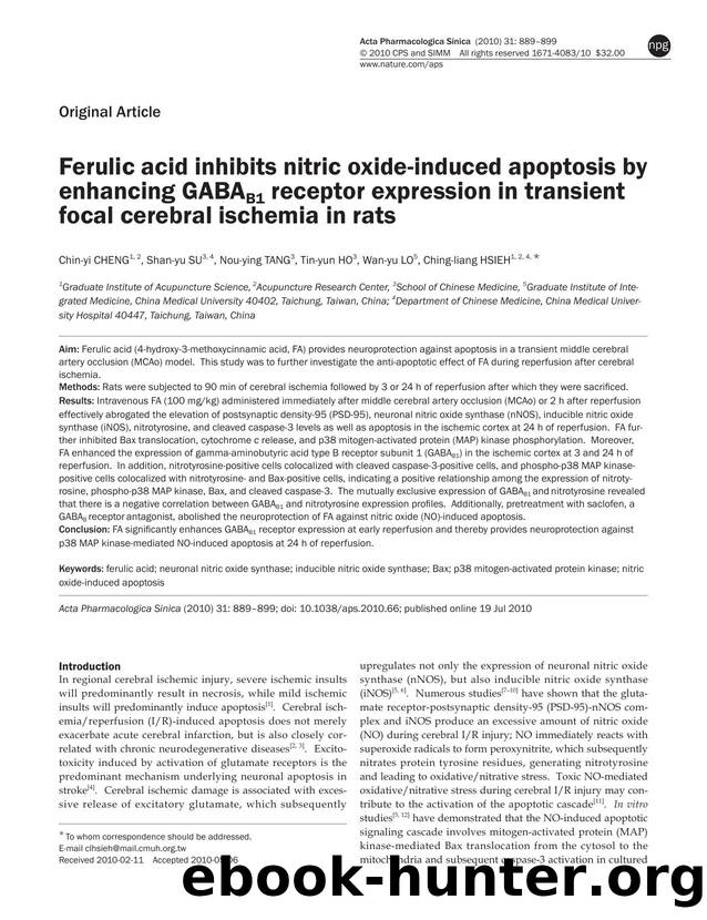 Ferulic acid inhibits nitric oxide-induced apoptosis by enhancing GABAB1 receptor expression in transient focal cerebral ischemia in rats by Chin-yi Cheng & Shan-yu Su & Nou-ying Tang & Tin-yun Ho & Wan-yu Lo & Ching-liang Hsieh