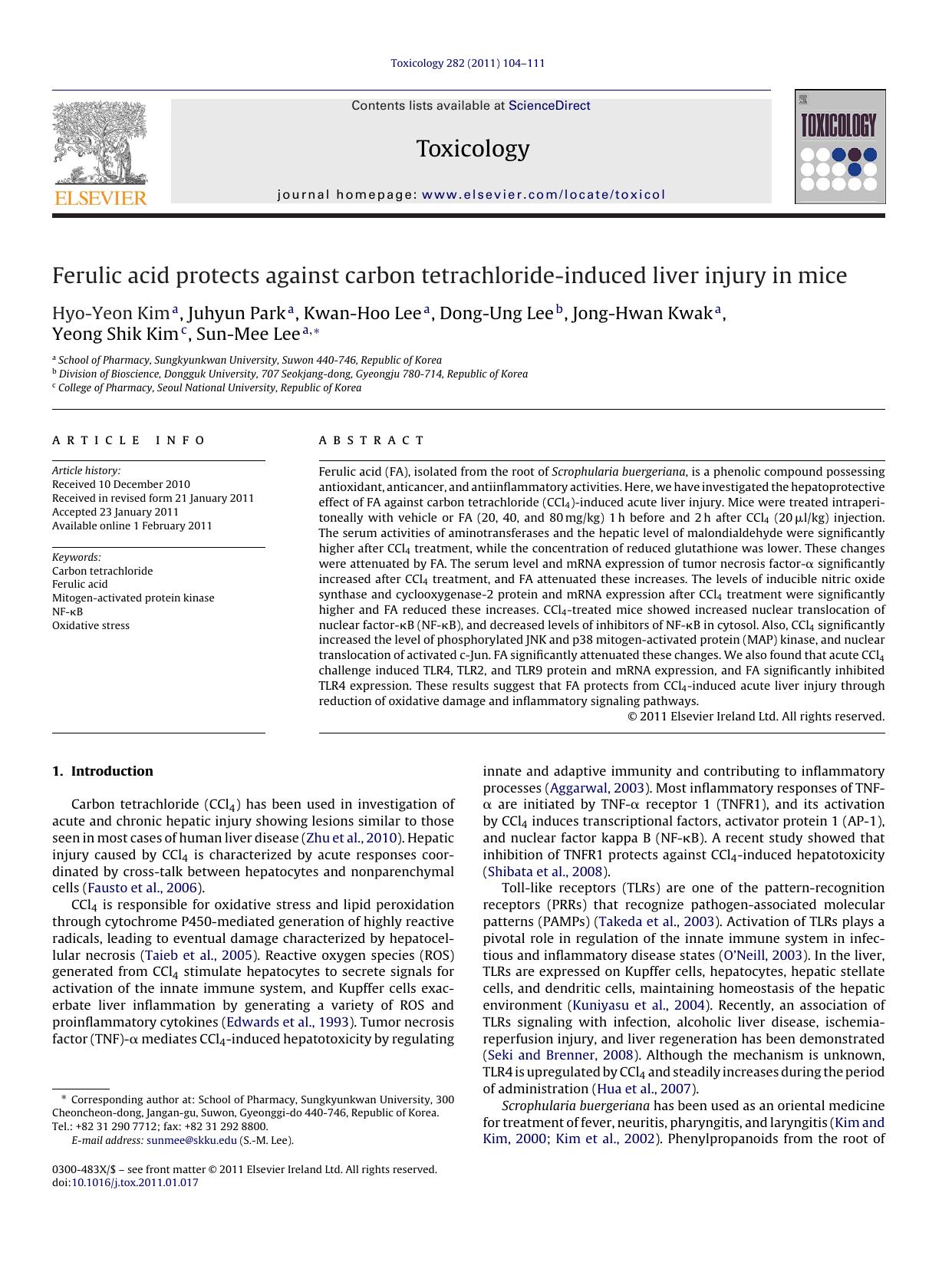 Ferulic acid protects against carbon tetrachloride-induced liver injury in mice by Hyo-Yeon Kim