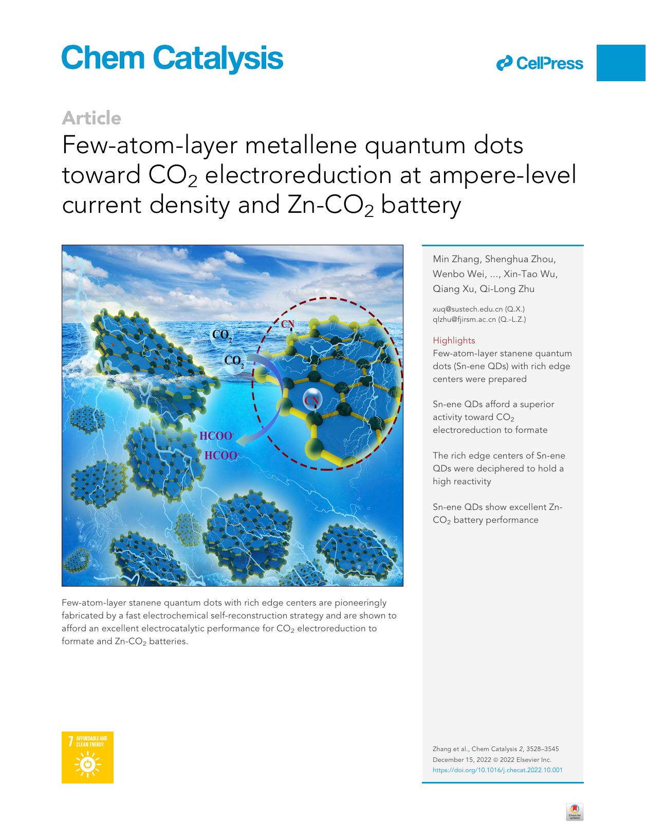 Few-atom-layer metallene quantum dots toward CO2 electroreduction at ampere-level current density and Zn-CO2 battery by unknow