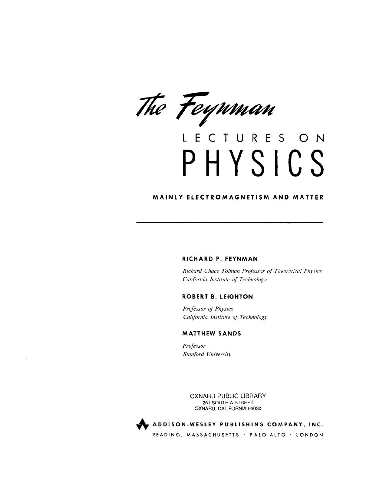 Feynman Physics Lectures V2 Ch00 Title Preface Forward by Feynman