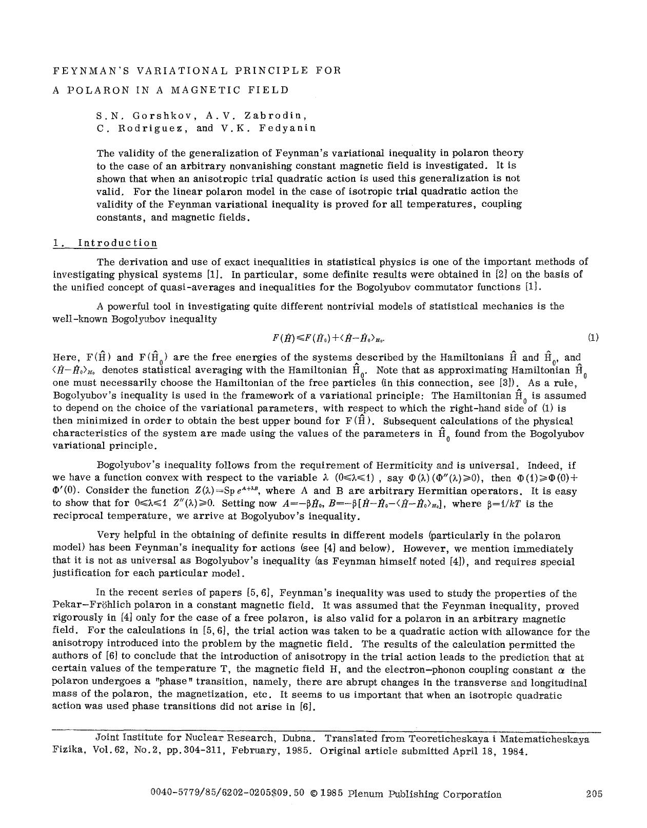 Feynman's variational principle for a polaron in a magnetic field by Unknown