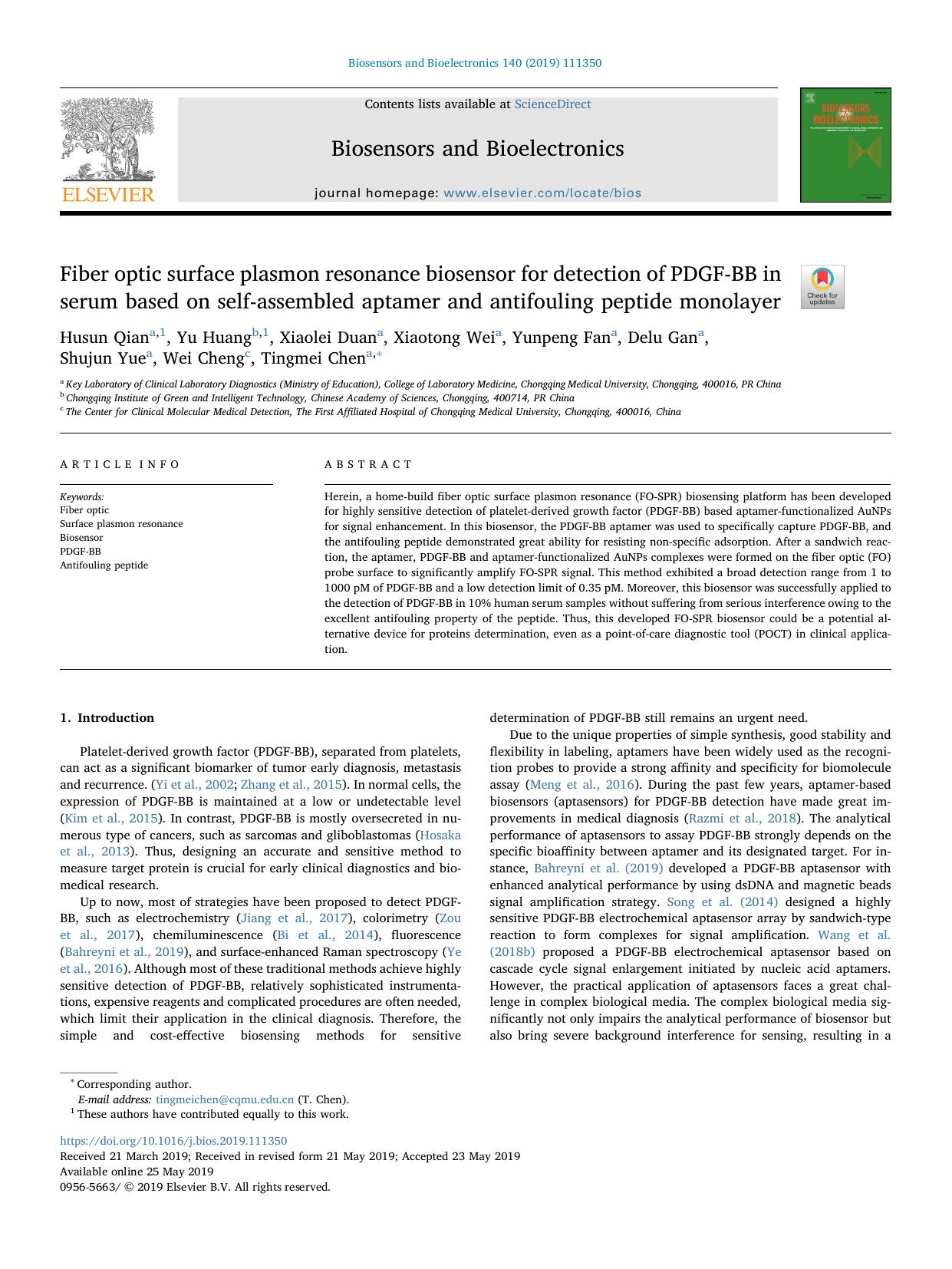 Fiber optic surface plasmon resonance biosensor for detection of PDGF-BB in serum based on self-assembled aptamer and antifouling peptide monolayer by Husun Qian