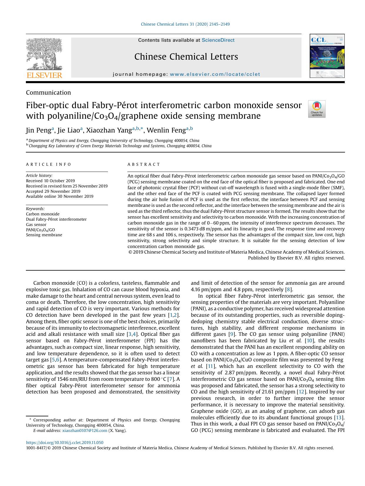 Fiber-optic dual Fabry-Prot interferometric carbon monoxide sensor with polyanilineCo3O4graphene oxide sensing membrane by Jin Peng & Jie Liao & Xiaozhan Yang & Wenlin Feng