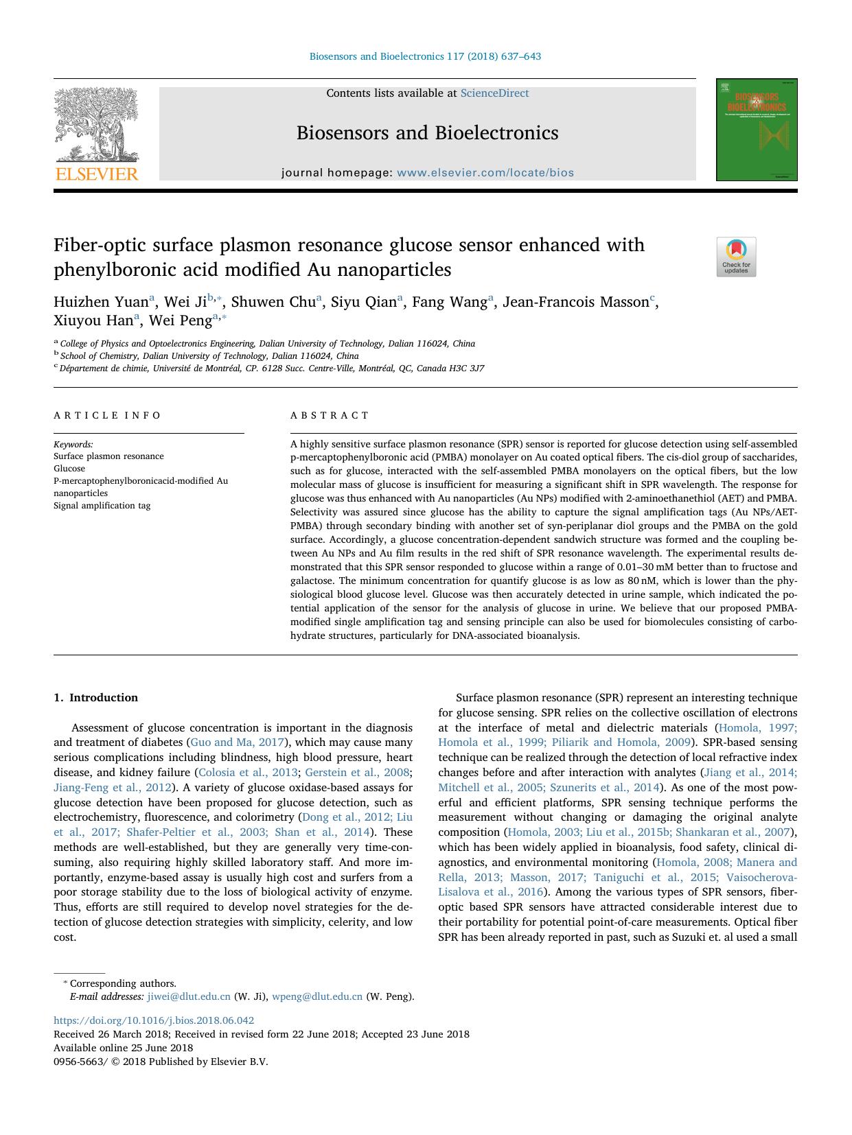 Fiber-optic surface plasmon resonance glucose sensor enhanced with phenylboronic acid modified Au nanoparticles by unknow