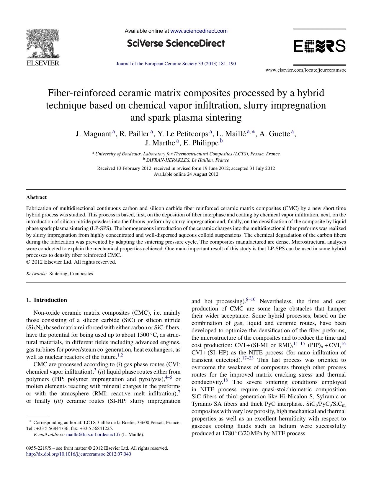 Fiber-reinforced ceramic matrix composites processed by a hybrid technique based on chemical vapor infiltration, slurry impregnation and spark plasma sintering by J. Magnant