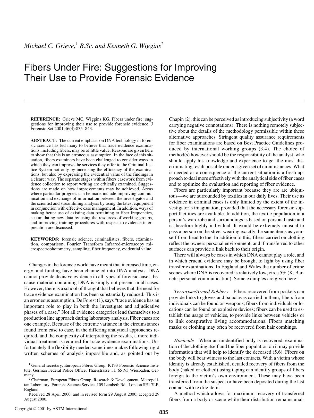 Fibers under fire: suggestions for improving their use to provide forensic evidence by Grieve MC Wiggins KG