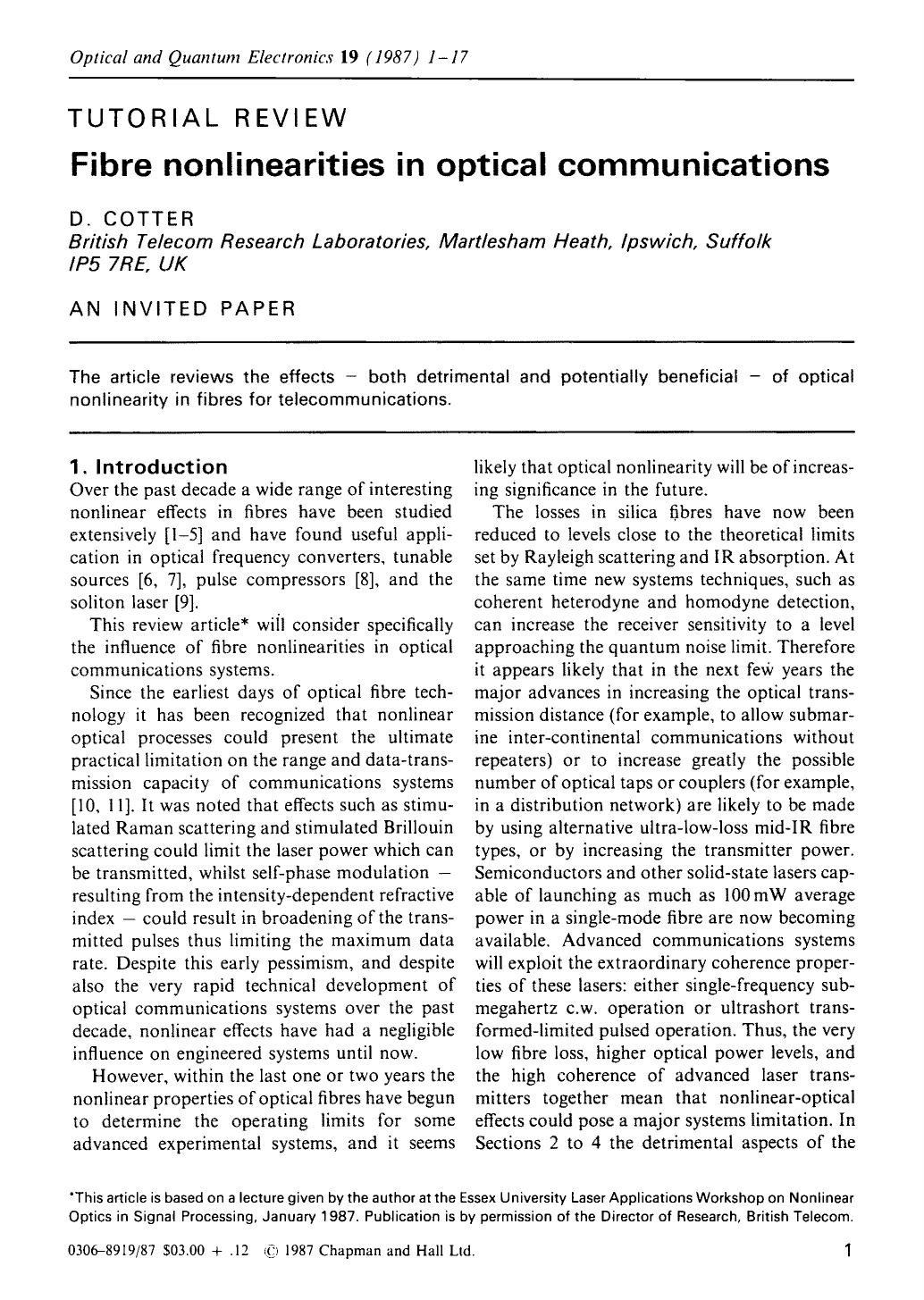 Fibre nonlinearities in optical communications by Unknown